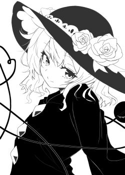 1girl absurdres flower from_side greyscale hat hat_flower highres komeiji_koishi medium_hair monochrome nanahana_nanana shirt solo touhou