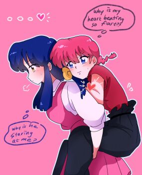 Rule 34 | 2girls, black pants, blue eyes, braid, braided ponytail, brown eyes, carrying, carrying person, commentary, dress, garnel (letsgotomato11), heart, highres, long hair, multiple girls, pants, piggyback, pinafore dress, pink background, pink dress, ranma-chan, ranma 1/2, red shirt, saotome ranma, saotome ranma (female), shirt, sidelocks, sigh, sleeveless, sleeveless dress, speech bubble, tendou akane, thought bubble, untranslatable commentary, walking, white shirt