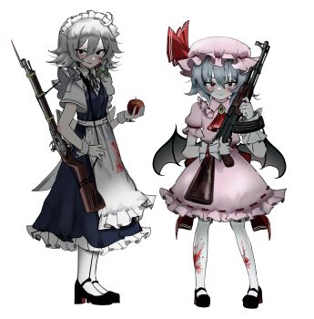 2girls absurdres ak-47 antique_firearm apple apron assault_rifle blood blood_on_clothes blood_on_face blue_dress commentary dress english_commentary firearm firelock flintlock food fruit gun highres izayoi_sakuya kalashnikov_rifle looking_at_viewer maid maid_headdress multiple_girls ougiikun pink_dress remilia_scarlet rifle smile touhou weapon weapon_request white_apron