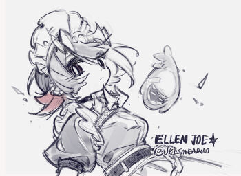 apron belt black_hair commentary ellen_joe highres looking_at_viewer maid maid_apron maid_headdress meadow_(morphinecaca) monochrome multicolored_hair pink_hair shark symbol-only_commentary two-tone_hair zenless_zone_zero