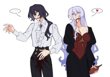 2girls acheron_(honkai:_star_rail) black_swan_(honkai:_star_rail) breasts charathegay couple hair_over_one_eye highres honkai:_star_rail honkai_(series) large_breasts long_hair looking_at_another multiple_girls pants purple_eyes purple_hair shirt simple_background smile white_background white_shirt yellow_eyes yuri