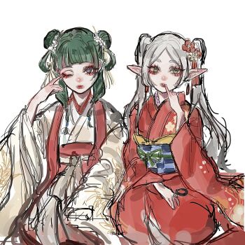 2girls beads blunt_bangs chinese_clothes double_bun earrings eyeliner finger_to_mouth flower frieren green_hair grey_hair hair_beads hair_bun hair_flower hair_ornament hair_rings highres japanese_clothes jewelry kimono kneeling kusuriya_no_hitorigoto leigh_113n long_hair makeup maomao_(kusuriya_no_hitorigoto) multiple_girls one_eye_closed parted_bangs parted_lips pointy_ears red_eyeliner red_kimono rubbing_eyes sidelocks sousou_no_frieren tassel tassel_hair_ornament twintails white_background wide_sleeves