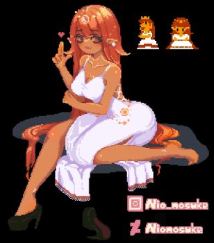 1girl 8-bit alternate_costume barefoot colored_skin crown derivative_work dress earrings highres jewelry jubenheim long_hair looking_at_viewer mario_(series) meme mushroom_earrings nintendo official_alternate_color orange_skin pixel_art princess_peach princess_toadstool_redraw_(meme) smile solo sprite sprite_redraw