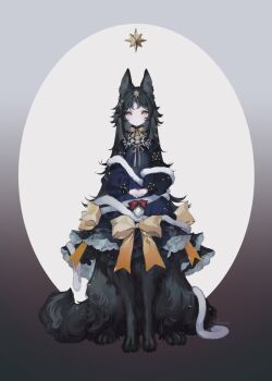 Rule 34 | 1girl, animal ears, black hair, blue dress, centauroid, christmas, commentary request, dog ears, dog girl, dress, full body, gradient background, green eyes, grey background, highres, hoshi rousoku, human christmas tree, long hair, long sleeves, looking at viewer, monster girl, original, puffy long sleeves, puffy sleeves, sitting, solo, taur, very long hair