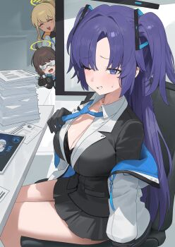 3girls absurdres black_bra black_coat black_halo black_skirt blue_archive blue_eyes blue_hair blue_necktie blush blush_stickers bra bra_peek breasts brown_hair cleavage coat collared_shirt dark-skinned_female dark_skin glasses hair_intakes hair_ornament halo highres holding_necktie hood_(james_x) jacket large_breasts long_hair looking_at_viewer mai_(blue_archive) mechanical_halo miniskirt multiple_girls necktie noa_(blue_archive) off_shoulder one_eye_closed open_clothes open_jacket open_mouth paper_stack peeking_out presenting_breasts semi-rimless_eyewear shinon_(blue_archive) shiny_skin shirt sitting skirt smile sweatdrop tablet_pc teeth thighs triangle_hair_ornament two_side_up underwear upper_teeth_only white_jacket white_shirt yellow_halo yuuka_(blue_archive)