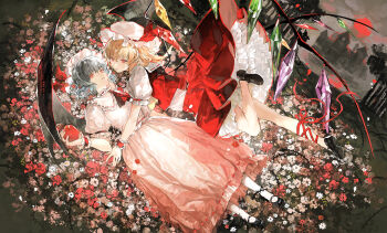 2girls absurdres apple ascot bat_wings black_shoes black_wings blonde_hair blue_hair brooch crystal_wings cui_suika dress flandre_scarlet flower food frilled_wristband fruit gradient_clothes gradient_dress hat highres holding holding_food holding_fruit jewelry layered_skirt leg_ribbon looking_at_viewer lying mary_janes mob_cap multiple_girls on_back outdoors pantyhose promotional_art puffy_short_sleeves puffy_sleeves red_ascot red_eyes red_flower red_ribbon red_skirt remilia_scarlet ribbon shoes short_sleeves siblings sisters skirt skirt_set touhou vampire white_flower white_hat white_pantyhose wings