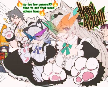 2girls 3boys 420_(meme) alternate_costume animal_ear_hairband animal_ears animal_hands bag_of_chips black_dress blade_(honkai:_star_rail) bloodshot_eyes blue-tinted_eyewear blue_hair bottle breasts caelus_(honkai:_star_rail) cat_boy cat_ears cat_paws cleavage cleft_chin closed_eyes commentary cosplay crossdressing doritos dress drill_hair drugs english_commentary enmaided eyewear_on_head fake_animal_ears family_guy firefly_(honkai:_star_rail) gradient-tinted_eyewear gradient_hair green-tinted_eyewear grey_hair hair_between_eyes hairband highres honkai:_star_rail honkai_(series) joint_(drug) kafka_(honkai:_star_rail) kafka_(honkai:_star_rail)_(cosplay) kowai_(iamkowai) large_breasts long_hair looking_at_viewer maid marijuana medium_breasts meme mountain_dew multicolored_hair multiple_boys multiple_girls open_mouth orange-tinted_eyewear pectorals peter_griffin purple-tinted_eyewear purple_hair roblox roblox_man_face_(meme) silver_wolf_(cat-maid_ensemble)_(honkai:_star_rail) silver_wolf_(honkai:_star_rail) smoke smoking soda soda_bottle sunglasses tinted_eyewear trailblazer_(honkai:_star_rail) twin_drills v