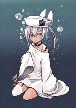Rule 34 | 1girl, air bubble, blue eyes, blush, bubble, choker, closed mouth, commentary request, dace (kancolle), dress, grey eyes, grey hair, hair between eyes, hat, headgear, kagesaki yuna, kantai collection, long hair, long sleeves, looking at viewer, signature, simple background, single thighhigh, sitting, sleeves past fingers, sleeves past wrists, solo, swimsuit, swimsuit under clothes, tan, thighhighs, wariza, white dress, white hat, wide sleeves
