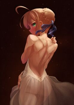 1girl absurdres ahoge arms_around_self artoria_pendragon_(fate) ass bare_back bare_shoulders blonde_hair blush braid braided_bun commentary dress embarrassed fate_(series) green_eyes hair_bun hair_ribbon highres looking_at_viewer looking_back muscular muscular_female nape no_panties ribbon saber_(fate) see-through_clothes see-through_dress short_hair tomoko908_(nap4342)