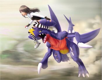 1girl 1other 2024_pokemon_teraleak 3d borrowed_character breasts claws concept_art full_body garchomp gen_4_pokemon holding holding_poke_ball jumping long_hair looking_at_another nintendo official_art open_mouth outdoors poke_ball pokemon pokemon_(creature) pokemon_rodeo production_art riding riding_pokemon sharp_teeth sitting size_difference smile striped_clothes striped_thighhighs tail teeth thighhighs