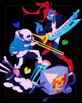 1boy 1girl black_background black_jacket blue_jacket blue_skin bone boots colored_sclera colored_skin eyepatch fins full_body grin head_fins heart highres holding holding_instrument holding_microphone instrument jacket kanianoreki keyboard_(instrument) knee_boots mettaton microphone music non-humanoid_robot one_eye_covered open_mouth playing_instrument ponytail red_boots red_hair robot sans_(undertale) smile trumpet undertale undyne utdr_(toby_fox) yellow_sclera