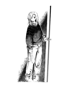 1girl ;) arm_at_side collared_shirt door dress_shirt full_body greyscale hand_on_doorknob hatching_(texture) highres kilsturgeon marina_kaplan medium_hair monochrome one_eye_closed pants pigeon-toed shirt shoes simple_background smile solo standing sweater white_background wince z.a.t.o._//_i_love_the_world_and_everything_in_it