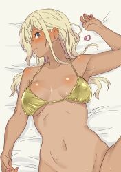 Rule 34 | 1girl, absurdres, armpits, bed sheet, bikini, bikini top only, blonde hair, blue eyes, blush, bottomless, breasts, closed mouth, covered erect nipples, daipunch, dark-skinned female, dark skin, galzaki-san (daipunch), gold bikini, gyaru, highres, large breasts, long hair, lying, navel, on back, on bed, original, out-of-frame censoring, pink nails, ponytail holder, solo, stomach, sweat, swimsuit, tan, tanline