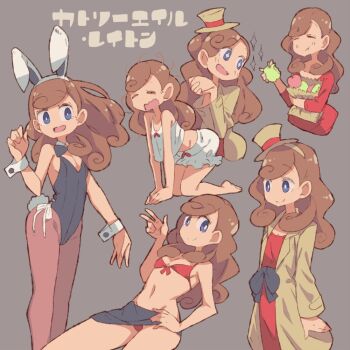 1girl apples bikini blue_eyes breasts brown_hair catriel_layton female_focus hat katrielle_layton layton's_mystery_journey long_hair mini_hat mini_top_hat pantyhose playboy_bunny professor_layton shimazaki1152 smile solo swimsuit top_hat