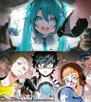 +_+ 3girls 4boys ? amamiya_ren aqua_eyes aqua_hair black_hair black_sleeves blonde_hair blue_eyes blue_hair brown_eyes brown_hair btmr_game collared_shirt commentary crossover detached_sleeves english_commentary glasses glitch grey_shirt hatsune_miku headphones headset kaito_(vocaloid) kitagawa_yuusuke long_hair monitor multiple_boys multiple_girls niijima_makoto orange_hair persona persona_5 purple_eyes sakamoto_ryuuji sakura_futaba shirt short_hair sleeveless sleeveless_shirt through_medium through_screen twintails vocaloid watermark waving yellow_shirt