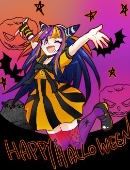 1girl ;d alternate_costume alternate_hair_color arms_up bat_(animal) black_bow black_dress black_hair black_shoes blush bow commentary_request danganronpa_(series) danganronpa_2:_goodbye_despair dress elbow_gloves english_text eyelashes face_piercing fang fingerless_gloves full_body gloves gradient_legwear gradient_thighhighs hair_horns halloween happy_halloween highres horns jack-o&#039;_challenge kawati long_hair mioda_ibuki mouth_piercing multicolored_horns one_eye_closed open_mouth orange_dress orange_hair piercing pink_eyes purple_hair shoes short_sleeves single_fingerless_glove smile solo star_(symbol) striped_clothes striped_gloves tombstone two-tone_dress two-tone_gloves white_hair