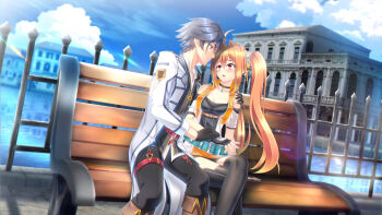 1boy 1girl ahoge antenna_hair bare_shoulders bench bike_shorts bike_shorts_under_skirt black_gloves black_hair black_pants black_shorts black_socks blue_sky blush breasts brown_hair building cleavage cloud coat commentary commission cropped_jacket detached_sleeves double-parted_bangs eiyuu_densetsu embarrassed english_commentary estelle_bright fingerless_gloves front_zipper ganerz gloves hair_between_eyes hair_intakes highres hug long_hair long_sleeves male_focus medium_breasts mullet outdoors over-kneehighs pants park_bench parted_bangs pendant_choker purple_eyes rean_schwarzer red_eyes river second-party_source sen_no_kiseki_(series) short_hair shorts shorts_under_skirt sitting skirt sky socks thighhighs very_long_hair