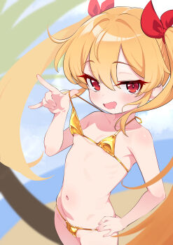 1girl areola_slip artist_request bikini bikini_top_pull blonde_hair blurry blurry_background blush breasts clothes_pull collarbone drooling fang flat_chest gold_bikini hair_between_eyes hair_ribbon hand_on_own_hip lifting_own_clothes loli long_hair looking_at_viewer mesugaki micro_bikini navel open_mouth original pulling_own_clothes red_eyes red_ribbon ribbon small_breasts smile solo string_bikini swimsuit twintails very_long_hair