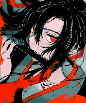 1boy amana_raika black_hair black_hanfu blurry chenqing_flute chinese_clothes dizi floating_hair flute hair_between_eyes hair_ribbon hand_up hanfu highres holding holding_flute holding_instrument instrument limited_palette long_hair looking_at_viewer male_focus modao_zushi music playing_flute playing_instrument ponytail red_eyes red_ribbon ribbon solo transverse_flute twitter_username upper_body wei_wuxian