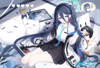 1girl :d animal-shaped_pillow aqua_halo aris_(blue_archive) badge black_hair black_hairband black_jacket black_skirt blue_archive blue_eyes blue_flower blue_jacket blue_necktie blue_rose blush breast_pocket bright_pupils bug butterfly button_badge character_badge chibi chibi_inset chinese_commentary collarbone_peek collared_shirt commentary controller copyright_logo copyright_name doodle_sensei_(blue_archive) double-parted_bangs feet_out_of_frame flower game_controller grey_jacket hair_between_eyes hairband halo hand_up handheld_game_console heart highres holding holding_controller holding_game_controller holding_sword holding_weapon indoors insect jacket kei_(orange_robot)_(blue_archive) light_particles logo long_bangs long_hair long_hair_between_eyes long_sleeves looking_at_viewer making-of_available millennium_science_school_logo multicolored_jacket necktie nintendo_switch non-humanoid_robot one_side_up open_clothes open_jacket open_mouth peroro_(blue_archive) petals pleated_skirt pocket puffy_long_sleeves puffy_sleeves puzzle_piece_print rectangular_halo ringed_eyes robot rose sansan_jiang school_uniform sensei_(blue_archive) shadow shirt shirt_tucked_in single_off_shoulder sitting skirt smile solo sparkle speech_bubble spoken_character sticker stuffed_animal stuffed_toy sword tablet_pc two-sided_fabric two-sided_jacket very_long_hair weapon white_jacket white_pupils white_shirt