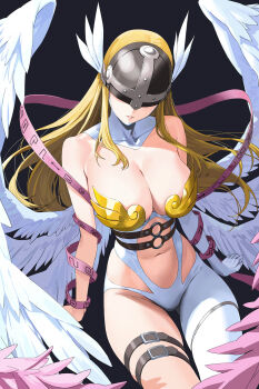 1girl angel_wings angewomon bare_shoulders belt blonde_hair bodysuit boobplate breastplate breasts chinese_commentary cleavage clothing_cutout commentary_request covered_eyes digimoji digimon digimon_(creature) digimon_adventure helmet helmet_over_eyes highres large_breasts long_hair multiple_belts multiple_wings navel navel_cutout shiliu_xian_xian_xian solo thigh_belt thigh_strap very_long_hair white_bodysuit white_wings winged_helmet wings