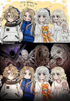 1boy 5girls :d absurdres android aqua_eyes arms_behind_back arms_up artist_name averting_eyes blonde_hair blue_coat candel645 child closed_eyes closed_mouth coat commentary diana_(pragmata) doll dress eight_(pragmata) emily_(resident_evil) english_text frilled_dress frills glasses grace_ashcroft grey_eyes grey_hair hair_over_one_eye helmet highres holding holding_doll holding_stuffed_toy hugh_williams jacket long_hair long_sleeves looking_to_the_side monster multiple_girls open_mouth padded_coat padded_jacket peeking_out pragmata puffy_long_sleeves puffy_sleeves resident_evil resident_evil_requiem semi-rimless_eyewear short_hair sleeves_past_wrists smile space_helmet spoilers stuffed_animal stuffed_toy teddy_bear teeth the_girl_(resident_evil) three-quarter_sleeves upper_teeth_only white_dress white_jacket