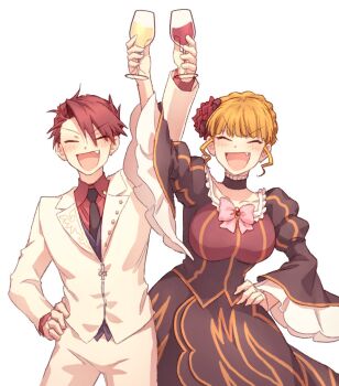1boy 1girl beatrice_(umineko) black_dress black_necktie blonde_hair breasts closed_eyes collared_shirt cup dress drinking_glass fang flower formal_clothes hair_flower hair_ornament hand_on_own_hip highres holding holding_cup hswoimuxk0pwr0h_(bbdan) large_breasts necktie open_mouth pants red_flower red_hair red_rose red_shirt rose shirt sidelocks simple_background smile solo standing suit umineko_no_naku_koro_ni ushiromiya_battler white_background white_pants white_suit