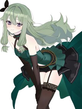 1girl alternate_costume bare_shoulders black_bow black_gloves black_shorts black_thighhighs blush bow breasts choker closed_mouth commentary cowboy_shot crotch_seam double-parted_bangs dress elbow_gloves eyelashes frilled_choker frills garter_straps gloves green_choker green_dress green_hair hair_between_eyes hair_bow hair_flaps halter_dress halterneck hands_on_own_thigh hands_on_own_thighs highres kusanagi_nene lace lace-trimmed_dress lace-trimmed_thighhighs lace_trim leaning_forward long_hair long_sidelocks low-tied_sidelocks micro_shorts midriff_peek navel pearl_hair_ornament project_sekai purple_eyes rea_0523 shorts showgirl_skirt sidelocks simple_background skindentation small_breasts smile solo standing symbol-only_commentary thighhighs thighs white_background