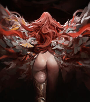 1girl ass cccccyoo completely_nude cowboy_shot elden_ring facing_away from_behind hair_wings highres long_hair malenia_blade_of_miquella malenia_goddess_of_rot nude prosthesis prosthetic_arm red_hair solo spread_legs spread_wings standing very_long_hair