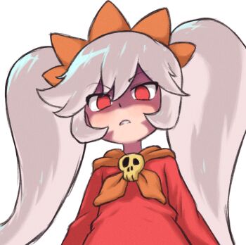 1girl ashley_(warioware) beachepisode dress hair_between_eyes hairband long_hair long_sleeves looking_at_viewer neckerchief nintendo no_pupils official_alternate_hair_color orange_hairband orange_neckerchief parted_lips red_dress red_eyes skull_ornament solo twintails upper_body very_long_hair warioware white_background white_hair