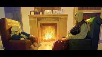 1boy 1girl absurdres chair doll fire flower furry goat highres inuki_(aruurara) sans_(undertale) sitting skeleton stuffed_toy toriel undertale utdr_(toby_fox)