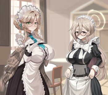 2girls ade_(nikke) akane_(blue_archive) apron black_dress blue_archive blush breasts brown_shawl closed_mouth commentary_request cosplay costume_switch dress glasses gloves goddess_of_victory:_nikke green_eyes grey_eyes gudakoguda halo highres large_breasts long_hair long_sleeves looking_at_viewer maid maid_headdress multiple_girls necktie shawl shirt smile white_apron white_gloves white_shirt