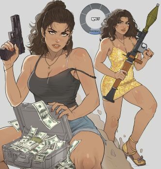 absurdres banknote breasts brown_hair commentary dark-skinned_female dark_skin denim denim_shorts dollar_bill dress earrings english_commentary glock glock_g17 gold_dress grand_theft_auto grand_theft_auto_vi gun handgun high_heels highres holding holding_gun holding_weapon hoop_earrings hundred_dollar_bill jewelry long_hair lucia_caminos money rocket_launcher rpg rpg-7 rpg_(weapon) shirt shorts trigger_discipline weapon yoracrab