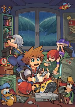 1girl 2boys absurdres action_figure bed blue_eyes brown_hair character_doll cloud_strife commentary crown_necklace crt disney doll donald_duck english_commentary final_fantasy fingerless_gloves food game_cartridge game_console gloves goofy grey_hair gummi_ship hercules_(disney) highres indoors kingdom_hearts kingdom_hearts_i mickey_mouse mickey_mouse_&amp;_friends moogle multiple_boys on_bed open_mouth palm_tree pants playing_games playstation_1 playstation_controller popcorn poster_(object) rain reading red_hair revision shoes short_hair signature skirt smovs sora_(kingdom_hearts) spiked_hair sticker treasure_chest tree video_game videocassette window