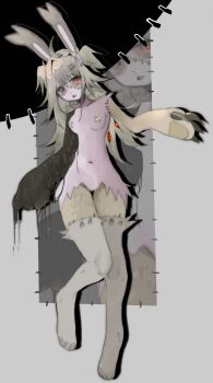 1girl abstract_background absurdres ahoge animal_ears animal_feet animal_hands asymmetrical_arms bow full_body green_hair hair_bow heterochromia highres long_hair monster_girl mud navel nude open_mouth original pasties plushrot rabbit_ears rabbit_girl red_eyes slime_(substance) solo spikes stitched_arm stitched_face stitched_leg stitches tape tape_on_nipples twintails