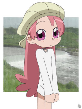 1girl absurdres blush choker fami hat hatomugisan highres long_hair long_sleeves looking_at_viewer ojamajo_doremi pink_eyes pink_hair shirt shirt_tug white_shirt