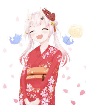 1girl absurdres closed_eyes closed_mouth commentary_request double_bun gradient_hair hair_bun highres hololive horns japanese_clothes karma_(nakiri_ayame) kimono mask multicolored_hair nakiri_ayame oni oni_mask open_mouth outdoors red_hair red_kimono red_streaks shiranui_(nakiri_ayame) skin-covered_horns smile solo steepled_fingers twintails u_da_desu virtual_youtuber white_background