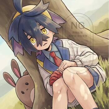 1boy :&lt; against_tree arincoeater black_hair blueberry_academy_school_uniform brown_fur commentary_request crossed_bangs day gen_2_pokemon gloves grass hairband jacket kieran_(pokemon) male_focus mole mole_on_neck multicolored_hair nintendo on_grass on_ground open_mouth outdoors pokemon pokemon_(creature) pokemon_sv purple_hair red_gloves school_uniform sentret shorts single_glove sitting solid_oval_eyes tree two-tone_hair white_jacket white_shorts yellow_bag yellow_eyes yellow_hairband