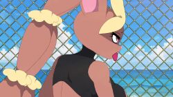 &gt;_&lt; 1boy 2girls :3 @_@ ^_^ anger_vein angry animal_nose animated audible_music back_bow bare_shoulders beach biting black_sports_bra blank_eyes blue_sky body_fur bouncing_breasts bow breasts bright_pupils brown_eyes brown_fur brown_hair buck_teeth chain-link_fence cleavage cleavage_cutout closed_eyes clothing_cutout cloud collared_shirt colored_skin constricted_pupils covered_collarbone crack crossed_arms day dragging drooling eating eiscue eiscue_(ice) eiscue_(noice) fence fleeing floating florian_(pokemon) food furry furry_female gen_4_pokemon gen_5_pokemon gen_8_pokemon grapeanime grey_hat grey_shirt half-closed_eyes hands_up happy hat head_biting highres horizon hot ice ice_cream kidnapping large_breasts licking licking_lips light_rays long_animal_ears looking_at_another looking_at_viewer lopunny matching_hair/eyes mega_lopunny mega_pokemon midriff mouth_drool multicolored_skin multiple_girls multiple_heads necktie nervous nintendo ocean open_mouth outdoors pink_eyes pokemon pokemon_(creature) pokemon_sv punching purple_necktie purple_skin rabbit_ears rabbit_girl raised_eyebrows red_bow rope running sash scared school_uniform shirt short_hair sky smile sound sports_bra sun_hat sunlight sweat teeth tongue tongue_out two-tone_fur two-tone_skin v-shaped_eyebrows vanilluxe video wafer_stick white_eyes white_pupils white_skin wide-eyed yellow_fur