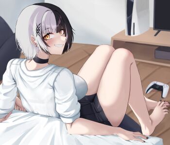 1girl absurdres bare_legs barefoot black_choker black_hair black_nails black_skirt breasts choker commentary_request controller game_console highres hololive hololive_english indoors joystick large_breasts looking_at_viewer mmneko multicolored_hair nail_polish orange_eyes orange_hair playstation_5 shiori_novella sitting skirt smile teeth toenail_polish toenails two-tone_hair virtual_youtuber white_hair wooden_floor