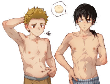 Rule 34 | 2boys, beitemian, belly grab, black eyes, black hair, blonde hair, closed mouth, highres, looking at another, male focus, male underwear, multiple boys, nipples, original, ponytail, red eyes, short hair, simple background, skinny, spoken food, underwear, underwear only, upper body, weight conscious, white background, yellow male underwear