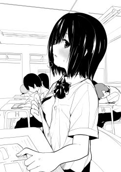 2girls 3boys blush bow bowtie breasts breath buttons chair classroom collared_shirt desk faceless faceless_male flashing from_side greyscale highres monochrome multiple_boys multiple_girls nipples no_bra on_chair oppai_challenge original partially_unbuttoned presenting_breasts public_indecency sawada_kou school_desk school_uniform shirt short_sleeves sideways_glance small_breasts sweat