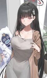 Rule 34 | 1girl, :o, absurdres, alternate costume, avant garde (blue archive), black hair, blue archive, blush, breasts, collarbone, commentary, dakimakura (object), dongtan dress, dress, grey dress, halo, highres, holding, holding pillow, large breasts, long hair, looking at viewer, meme attire, pillow, red eyes, rio (blue archive), single bare shoulder, solo, straight hair, very long hair, yo owl