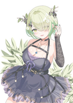 Rule 34 | 1girl, antlers, black bow, black choker, black dress, bow, breasts, ceres fauna, ceres fauna (goth), choker, cleavage, cowboy shot, detached sleeves, dress, eyes visible through hair, flower, glawsbsxpytn7j9, goth fashion, green hair, hair bow, hair flower, hair ornament, hair over one eye, hairclip, hand up, hashtag-only commentary, heart, heart choker, highres, hololive, hololive english, horns, jewelry, large breasts, long bangs, looking at viewer, mole, mole under eye, necklace, official alternate costume, official alternate hairstyle, open mouth, parallel hairclips, parted bangs, short hair, sleeveless, sleeveless dress, smile, solo, virtual youtuber, white background, yellow eyes