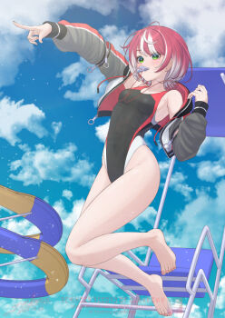 1girl barefoot black_one-piece_swimsuit blue_sky chair cloud colored_inner_hair commentary_request competition_swimsuit full_body grey_jacket gunknown idolmaster idolmaster_va-liv jacket jumping lifeguard lifeguard_chair mouth_hold multicolored_hair multicolored_jacket multicolored_swimsuit one-piece_swimsuit red_hair short_hair sky solo streaked_hair swimsuit tomori_manaka two-tone_hair virtual_youtuber watersilde white_hair