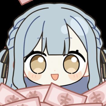1girl :d animated animated_gif bang_dream! bang_dream!_it's_mygo!!!!! banknote black_ribbon blue_hair blunt_bangs blush_stickers brown_eyes chibi chibi_only chunye_haruya dot_nose falling_money hair_ribbon long_hair looking_at_viewer lowres money open_mouth ribbon sidelocks simple_background smile solo togawa_sakiko transparent_background two_side_up upper_body