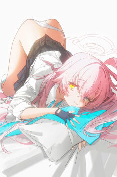 1girl absurdres ahoge ass blue_archive blue_necktie clothes_lift drive_shot fang fingerless_gloves gloves halo heterochromia highres hoshino_(blue_archive) huge_ahoge looking_at_viewer necktie panties pillow pink_hair pink_halo plaid_clothes plaid_skirt skirt skirt_lift solo top-down_bottom-up underwear white_background