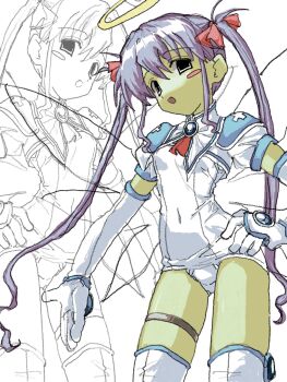 Rule 34 | 1girl, 2000s (style), angel, armor, black eyes, blush stickers, boots, breasts, brooch, contrapposto, covered erect nipples, covered navel, cowboy shot, crotch, djibril aries, elbow gloves, fairy wings, faux retro artstyle, gem, gloves, hair ribbon, halo, hand on own hip, highres, jewelry, jinno hikari, long hair, looking at viewer, magical girl, makai tenshi djibril, makai tenshi djibril 2, old school swimsuit, one-piece swimsuit, open mouth, outstretched hand, pauldrons, projected inset, puffy short sleeves, puffy sleeves, purple hair, red ribbon, ribbon, school swimsuit, short sleeves, shoulder armor, sidelocks, small breasts, solo, standing, sushi ayu, swimsuit, swimsuit costume, thigh boots, thighlet, thighs, traditional halo, twintails, very long hair, white background, white boots, white gloves, white one-piece swimsuit, wings, yellow halo