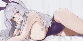 1girl absurdres animal_ears bare_shoulders blue_eyes blush breasts cleavage dera_self fake_animal_ears grey_hair highres long_hair looking_at_viewer original playboy_bunny rabbit_ears smile solo