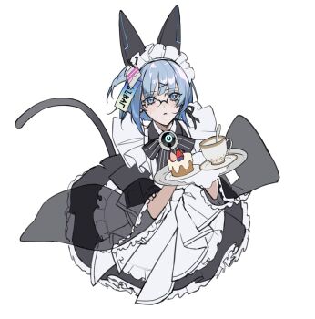 1girl 3shine_02 animal_ears apron blue_eyes blue_hair blueberry cake cat_tail commentary cropped_torso cup fake_animal_ears food frilled_skirt frills fruit glasses hair_ornament hashtag-only_commentary highres holding holding_plate labyrinth_(path_to_nowhere) looking_at_viewer maid maid_headdress mechanical_ears mole mole_on_cheek neck_ribbon path_to_nowhere plate price_tag ribbon ribbon_earrings rimless_eyewear saucer see-through_clothes see-through_sleeves short_hair simple_background skirt solo strawberry switch tail teacup teaspoon waist_apron white_background x_hair_ornament